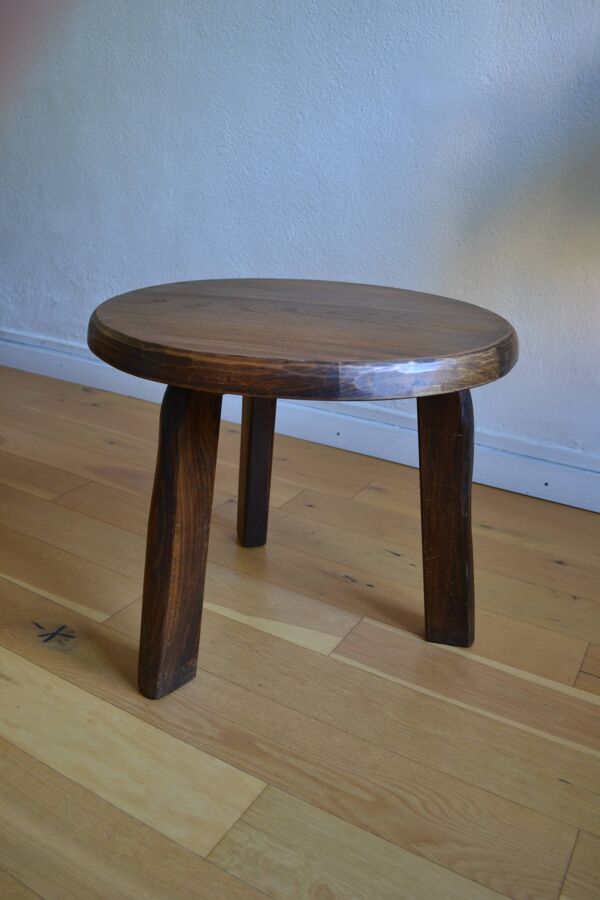Table basse tripode brutaliste chêne massif 1960