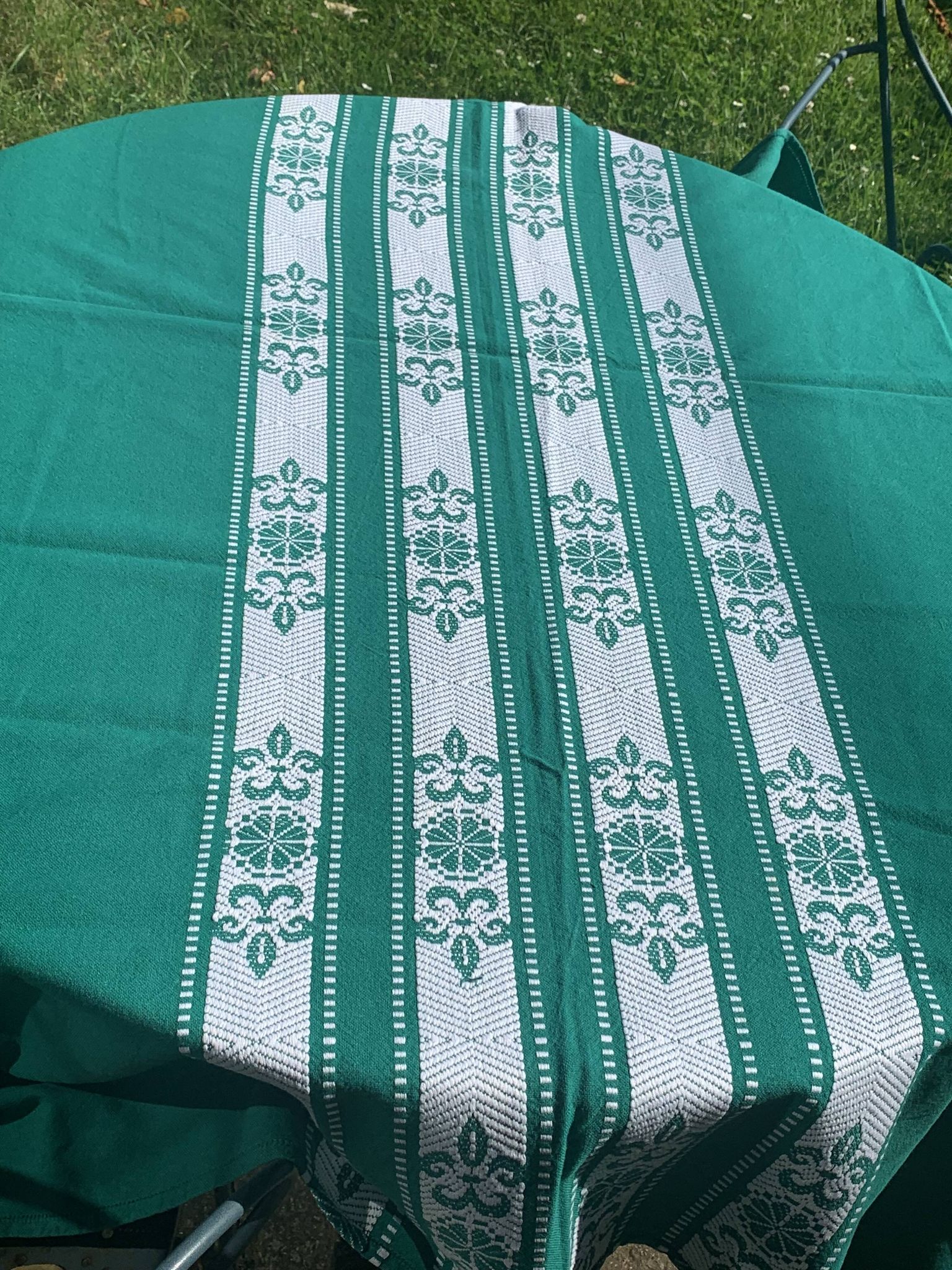Helena Biarritz tablecloth, made in France, Basque linen, green with white embroidery, Vintage