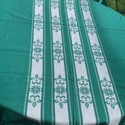 Helena Biarritz tablecloth, made in France, Basque linen, green with white embroidery, Vintage