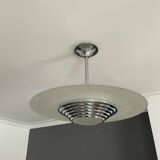 Modernist art deco pendant lamp, chrome brass and glass, France 1930 vintage