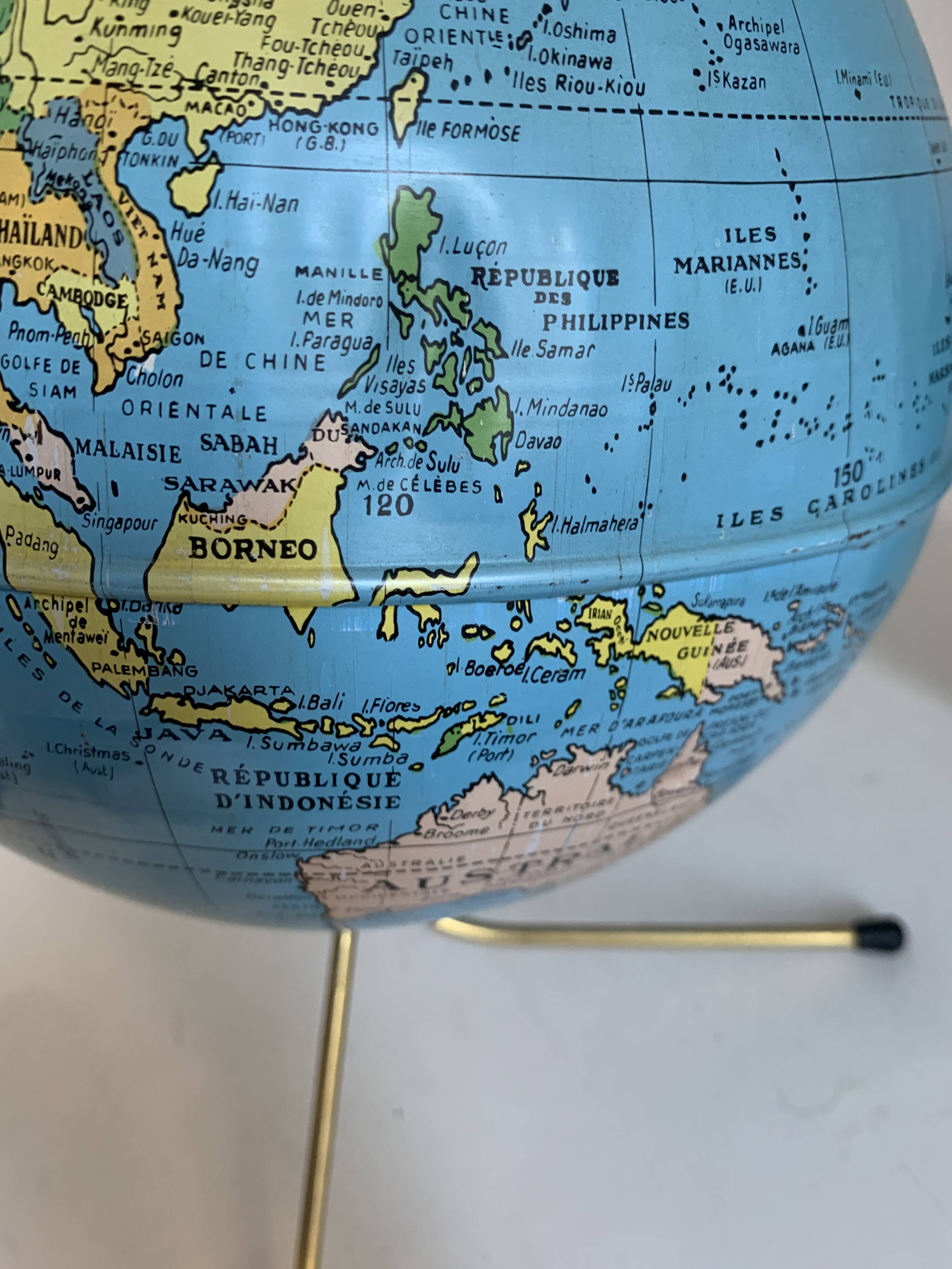 Globe vintage 1960 terrestre doré Taride tripode - 28 cm