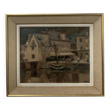 Huile sur toile encadrée " Vue sur le port " XX siècle