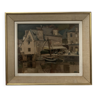 Framed oil on canvas "View of the port" 20th century