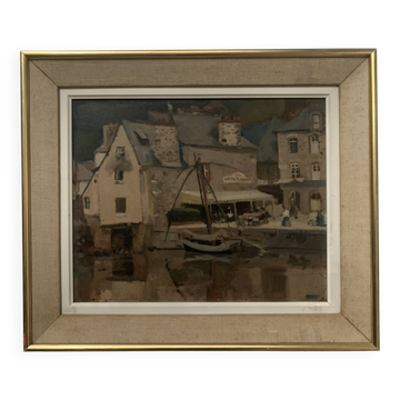 Framed oil on canvas "View of the port" 20th century