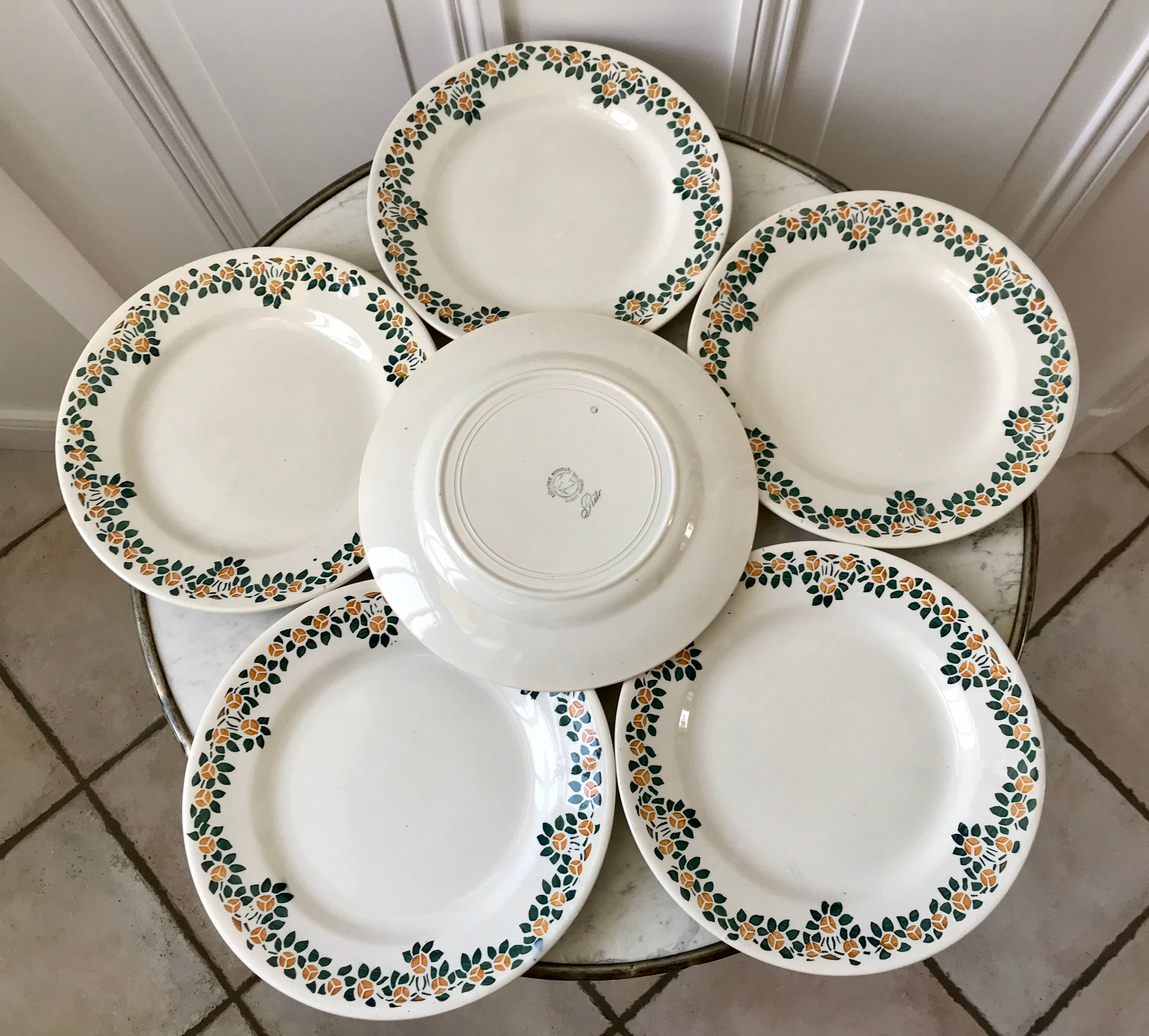 Set of 6 flat plates earthenware New Givors model "RIta" 30s