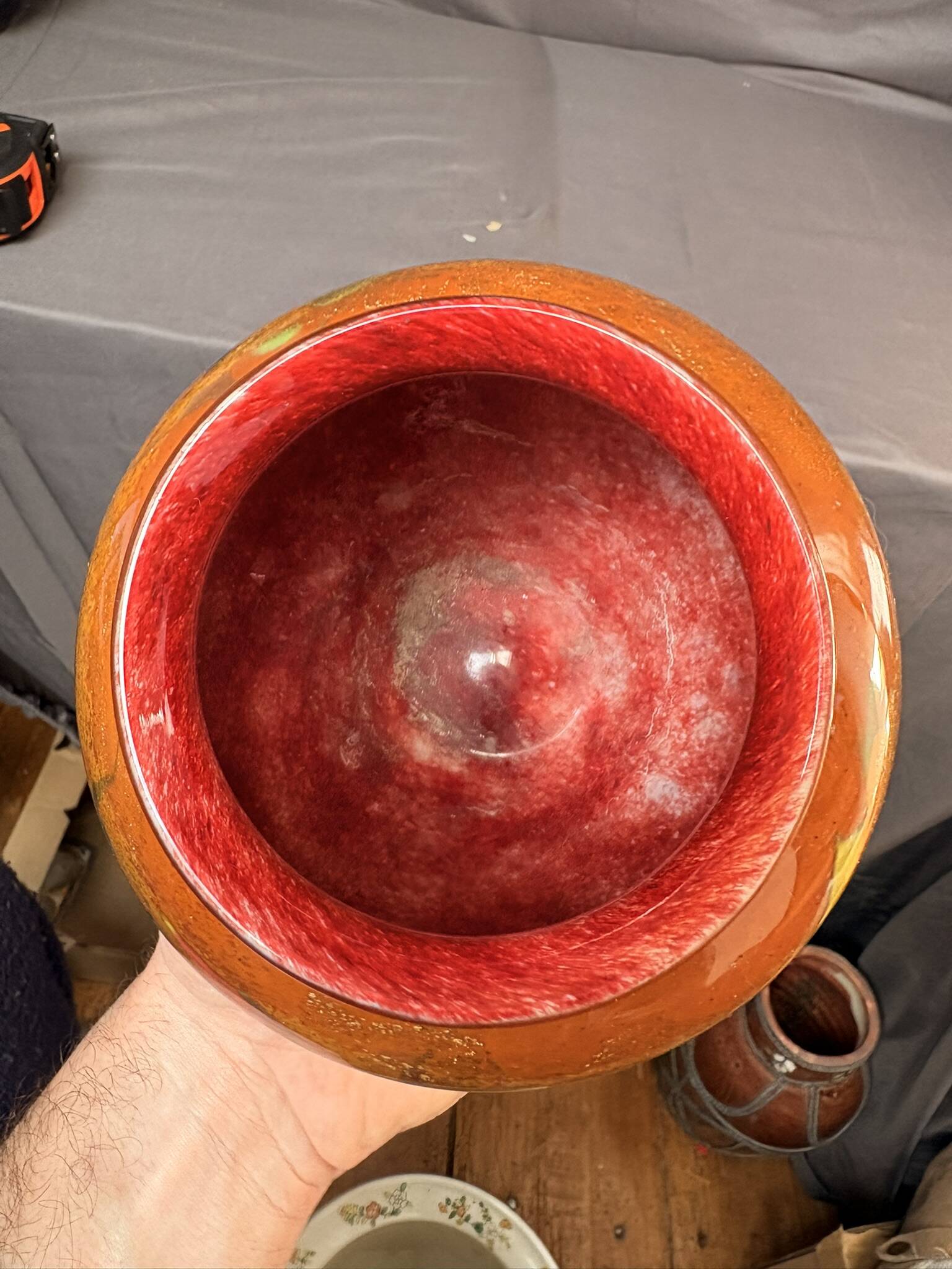 Vase Pot Paste Glass Blown Red Orange Lacquered Marbled Signed Dated Art Deco