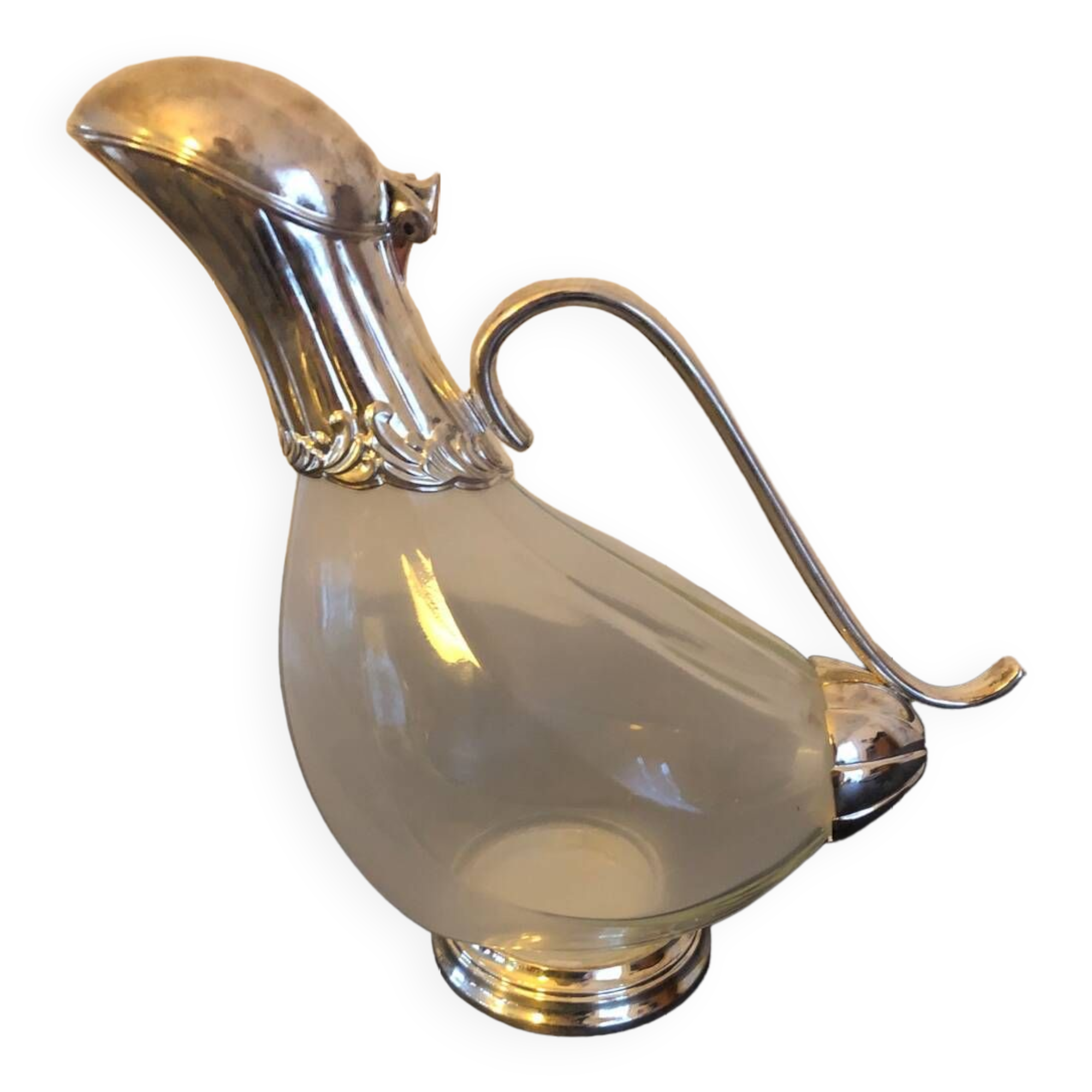 Carafe canard vintage en verre et argent