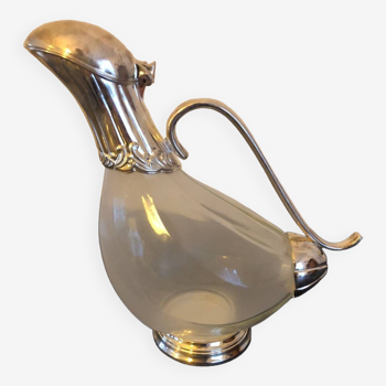 Carafe canard vintage en verre et argent