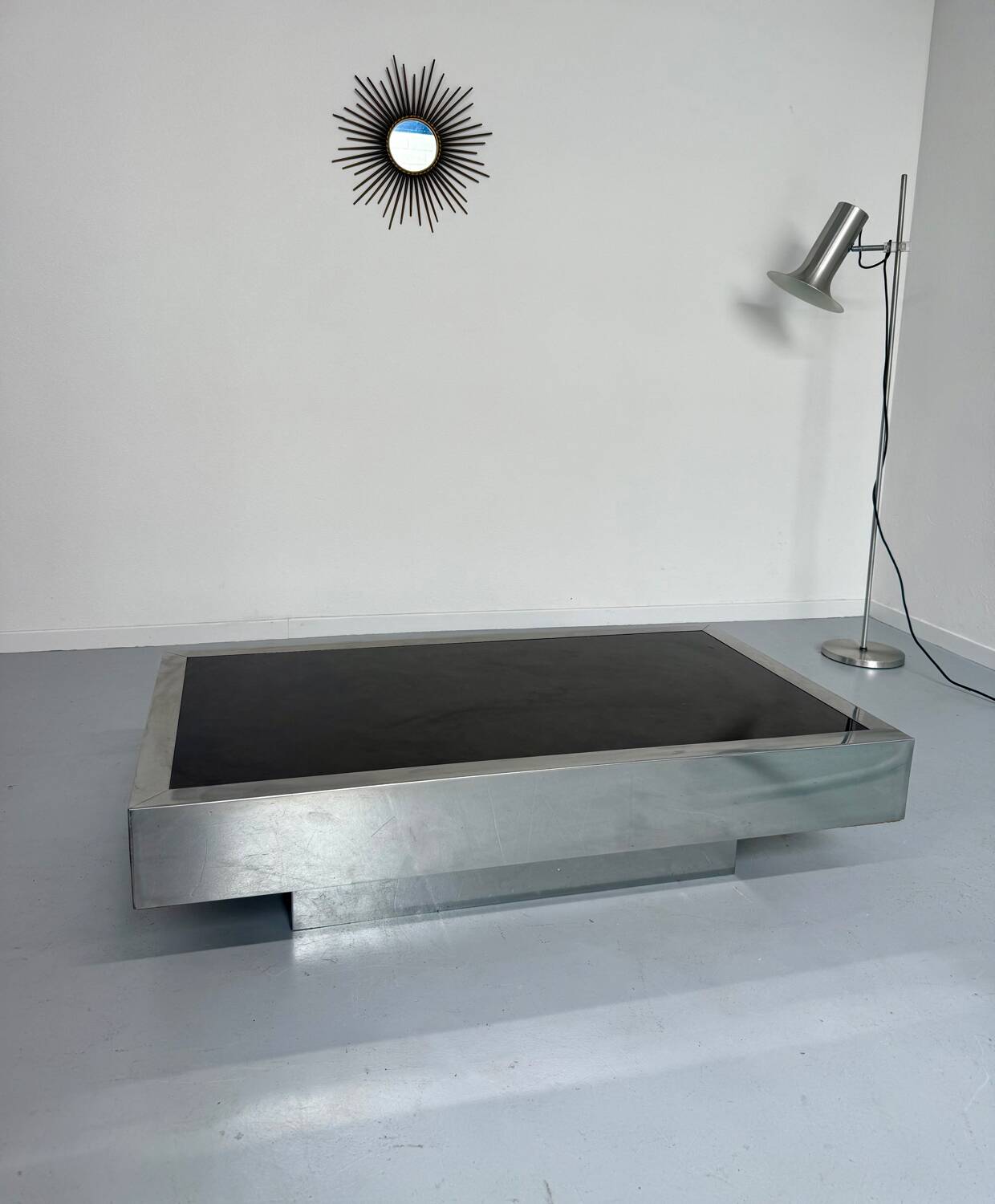 Italian coffee table in chromed metal and vintage brown glass top 70s
