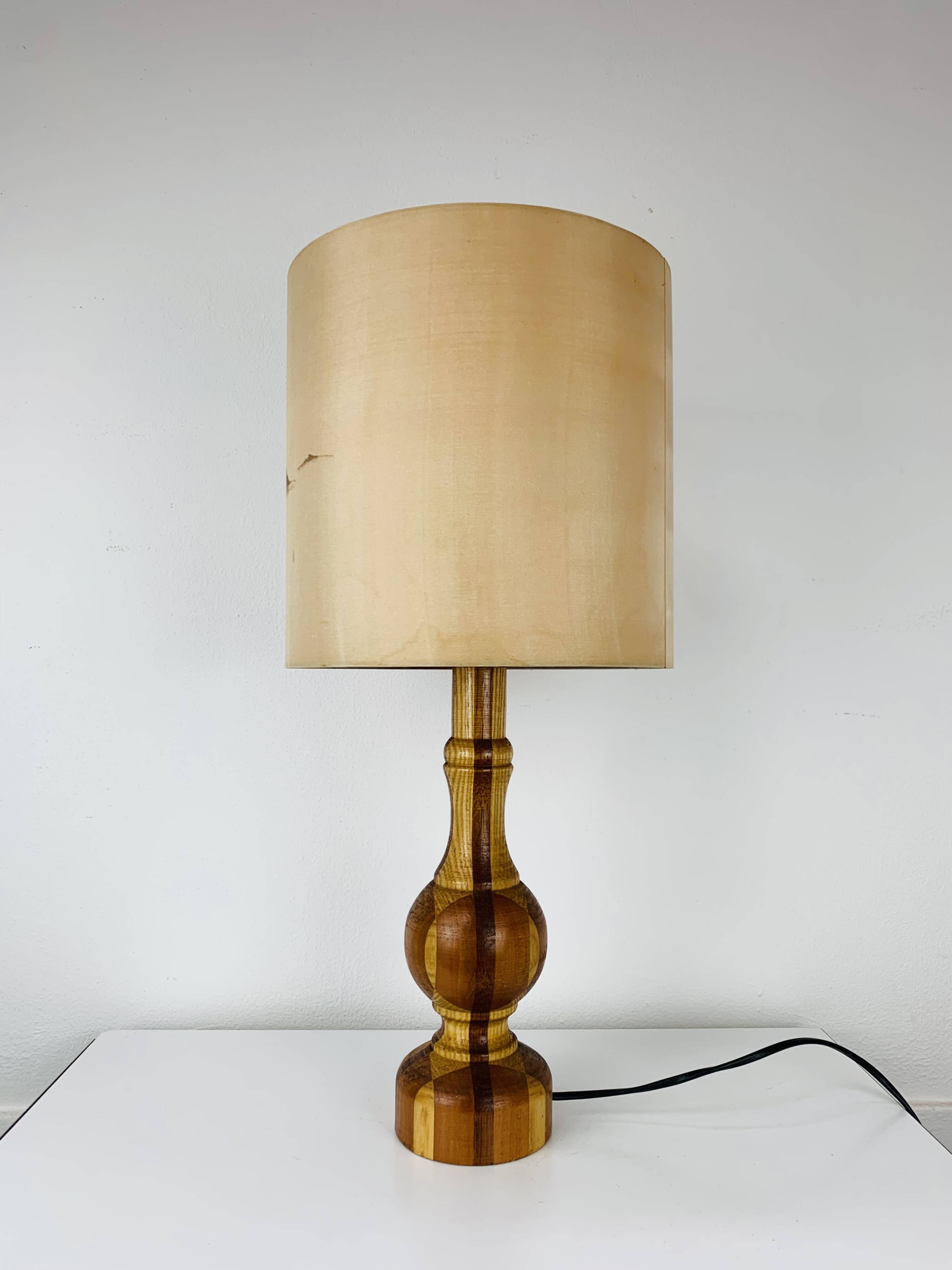 Vintage turned wood lamp, silk lampshade