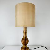 Vintage turned wood lamp, silk lampshade