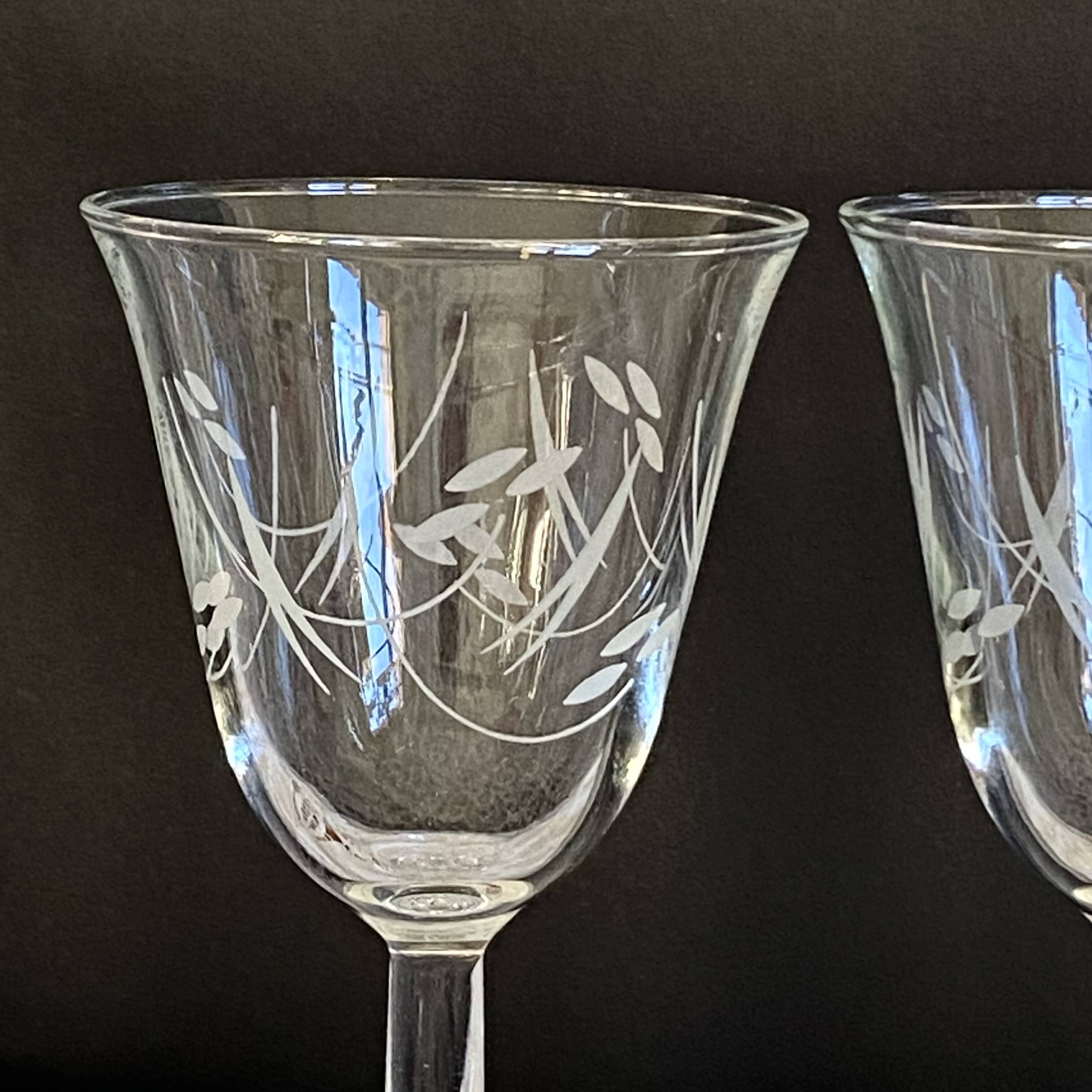 6 antique wine or water glasses engraved with vintage stylized flowers