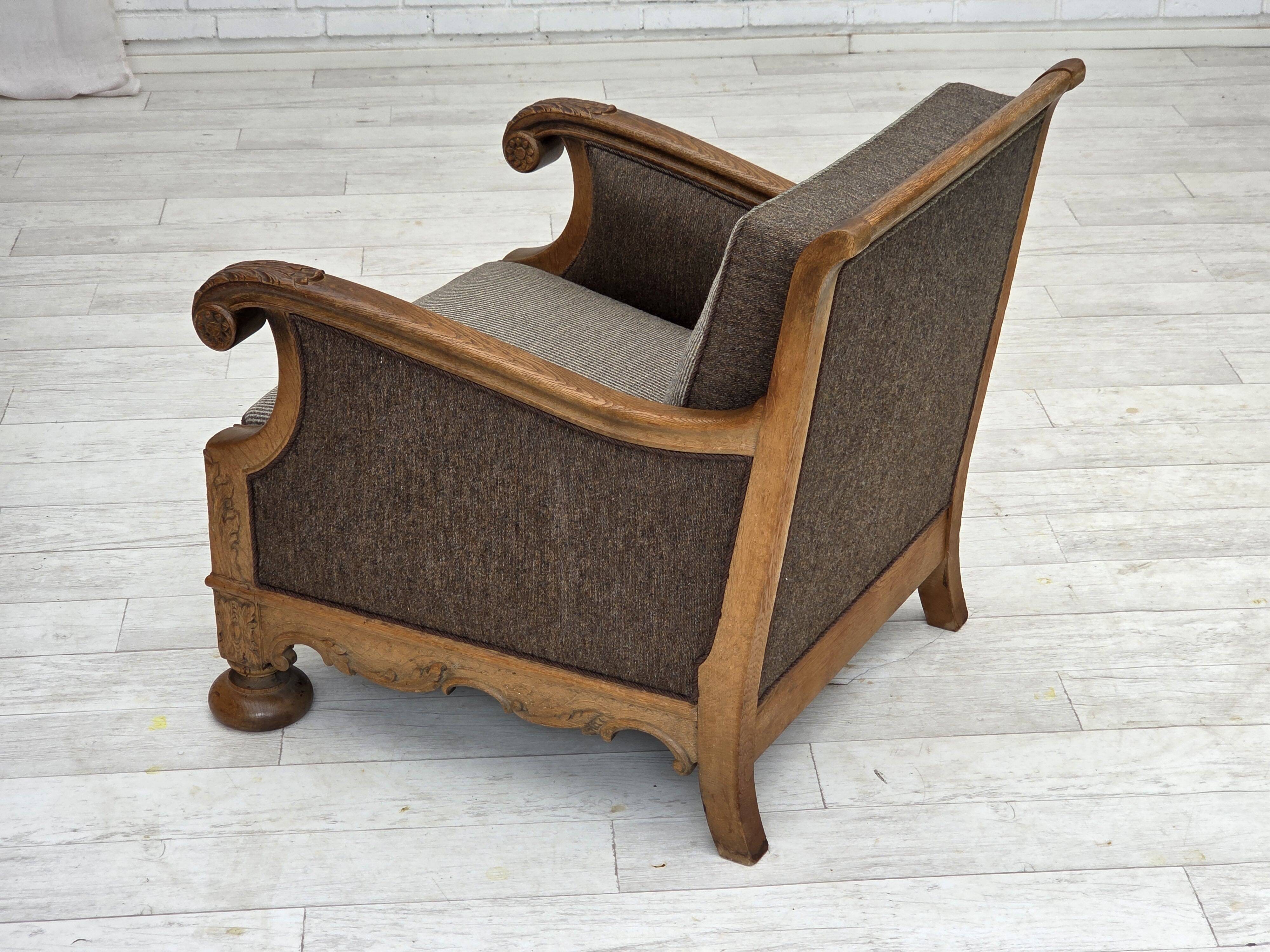 1950s, Danish armchair, furniture wool, solid carved oak wood.