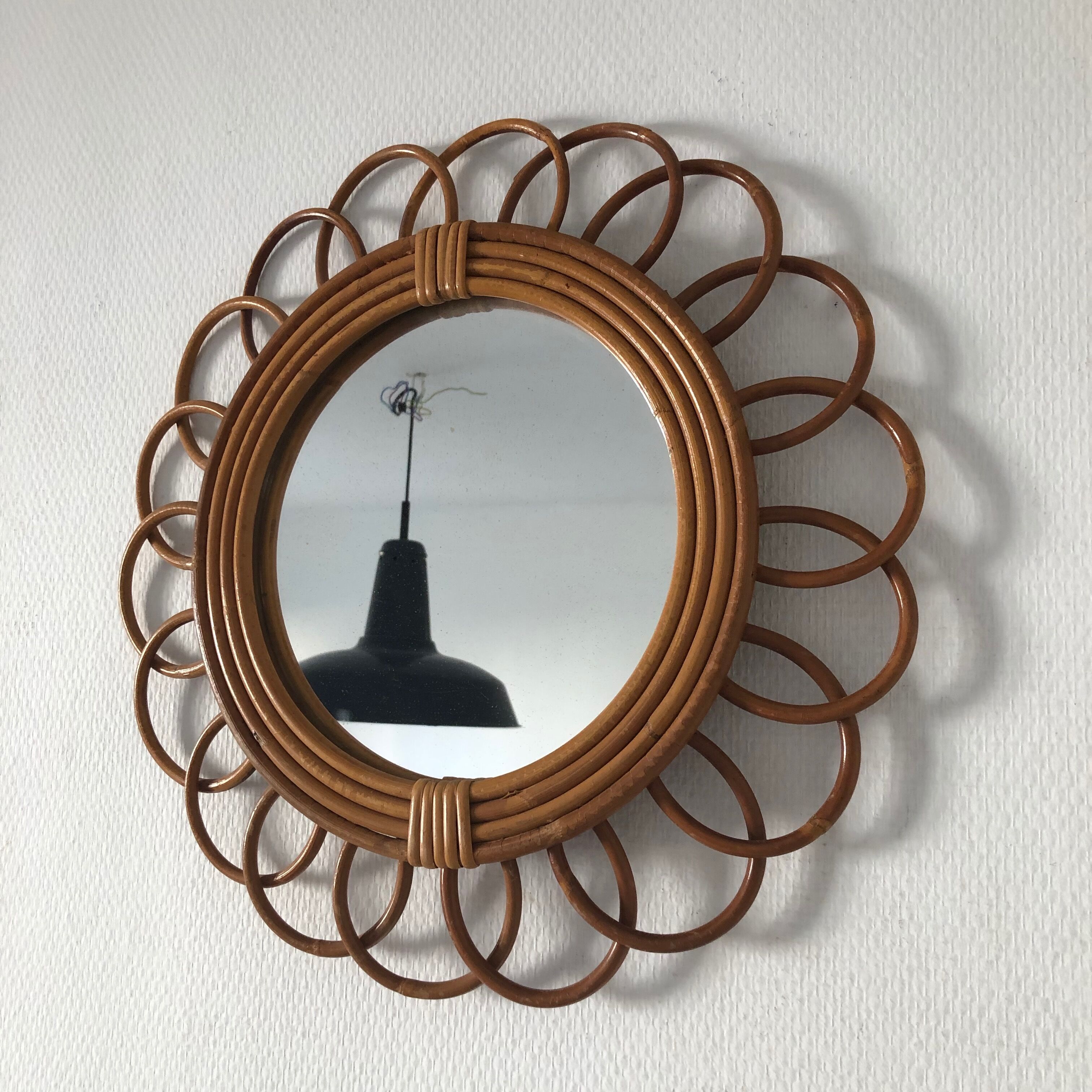 Miroir soleil fleur rotin 43cm vintage 1960