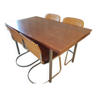 Table palissandre avec 2 rallonges, assortie à meuble enfilade palissandre, Pieds acier chromé