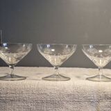 3 antique champagne coupes in engraved crystal with large daisies.