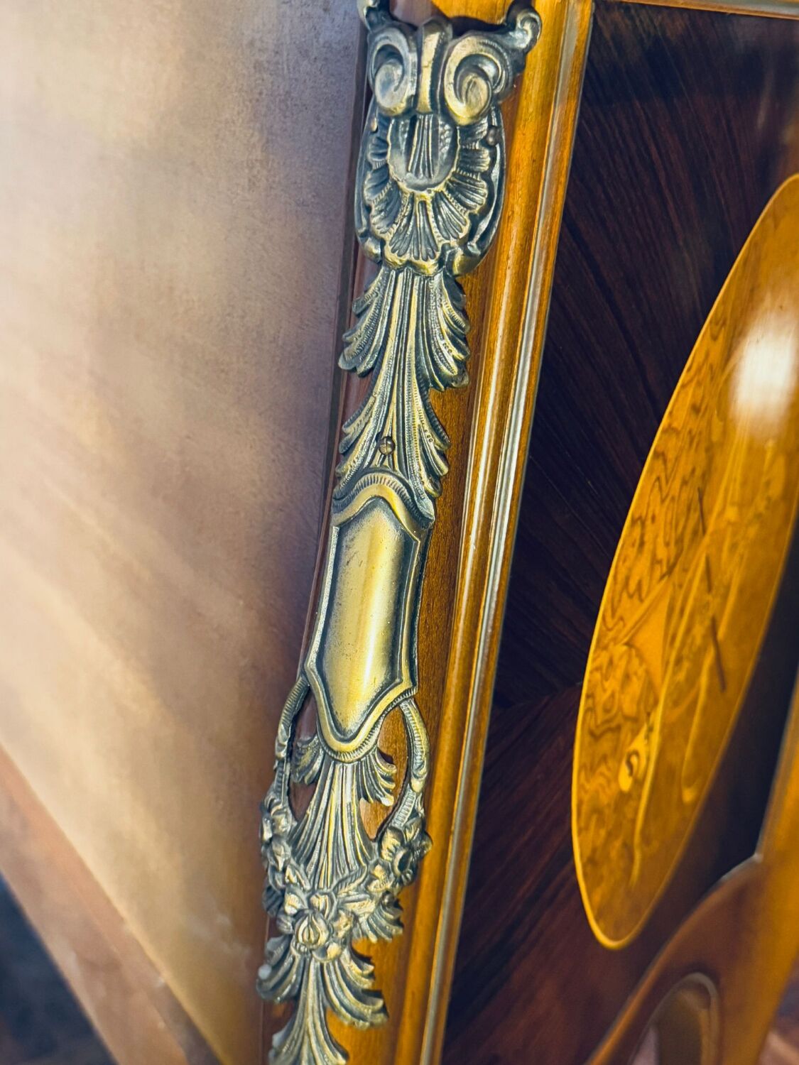 Exquisite Louis XV Style Bombé Commode with Musical Marquetry & Marble