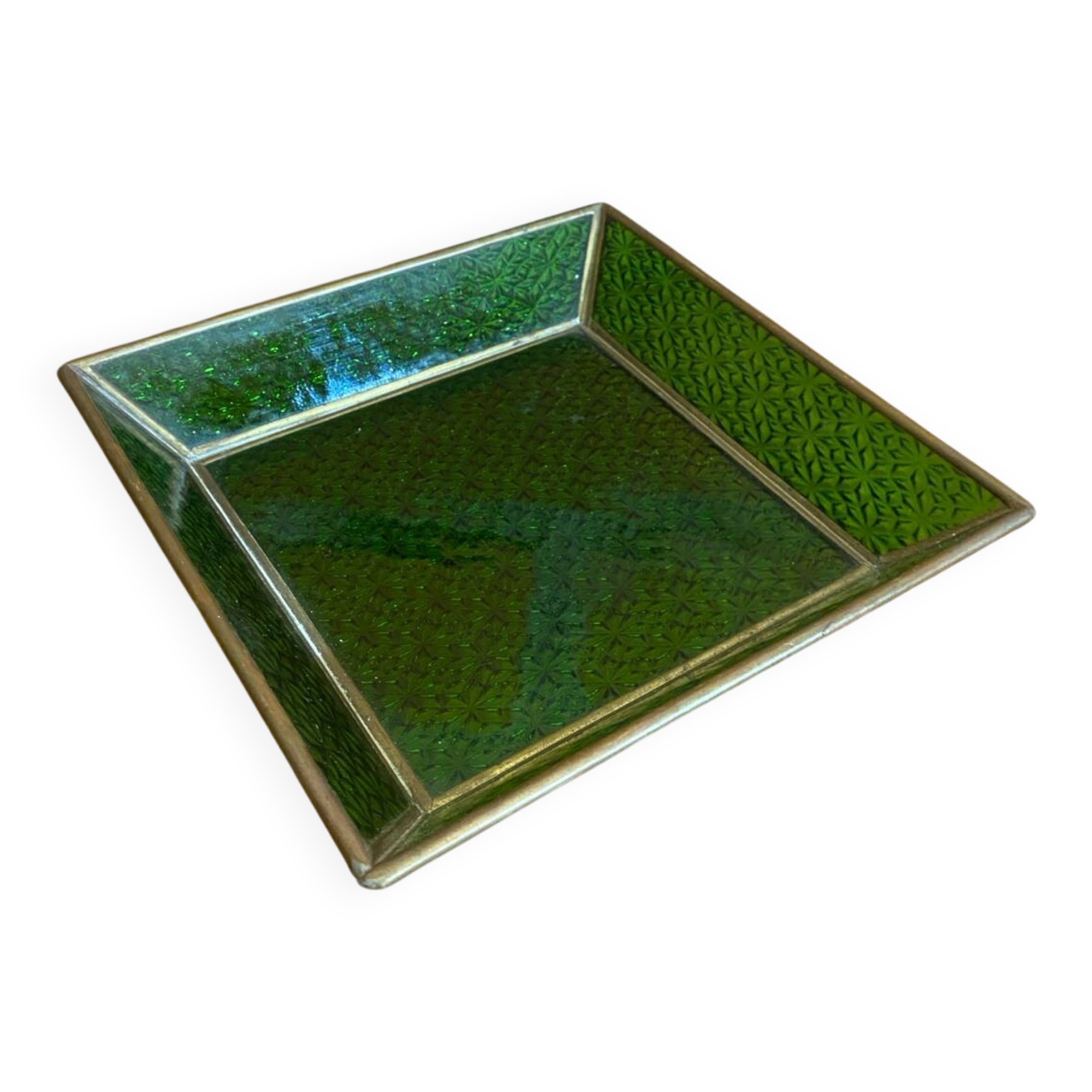 Bowl antique molded glass green + brass vintage