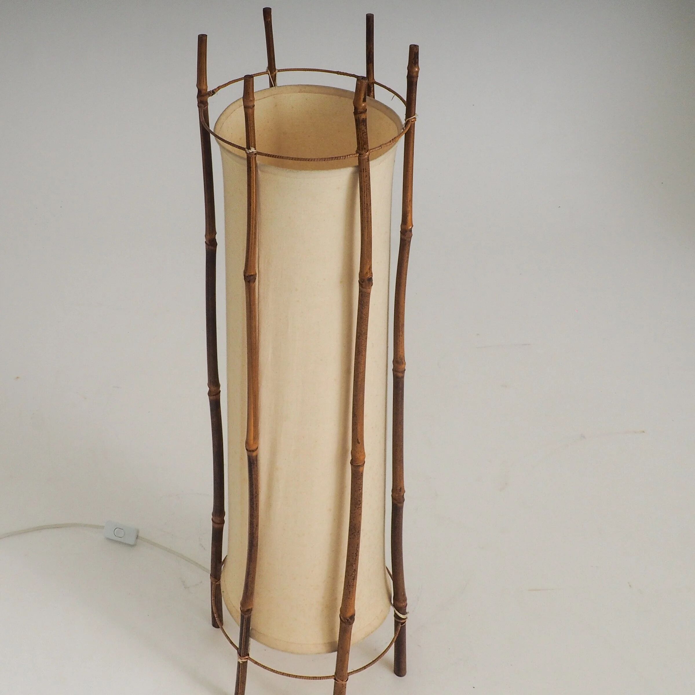 Large bamboo & linen floor lamp by Louis Sognot