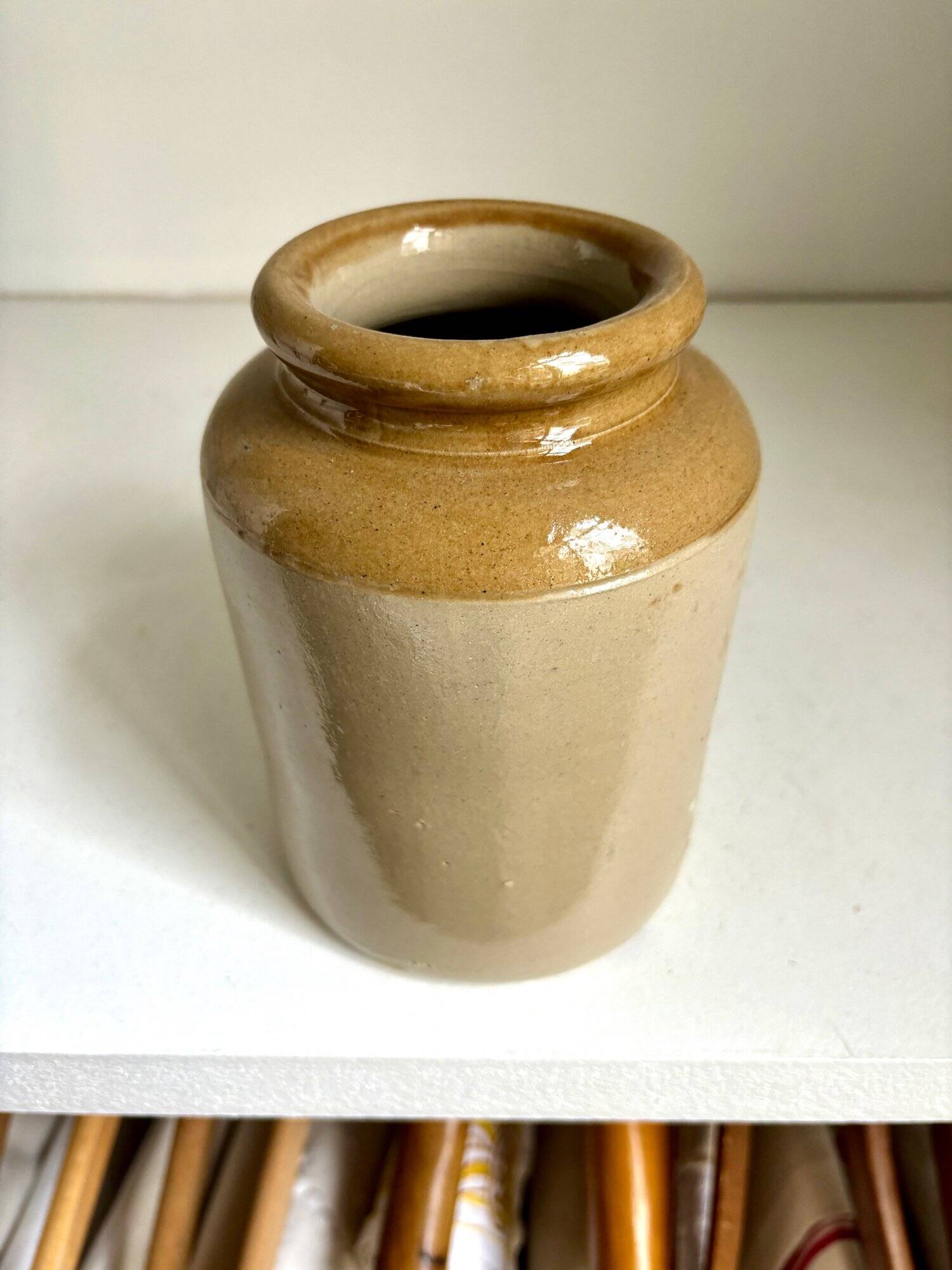 Mustard pot in ocher and beige enamelled stoneware