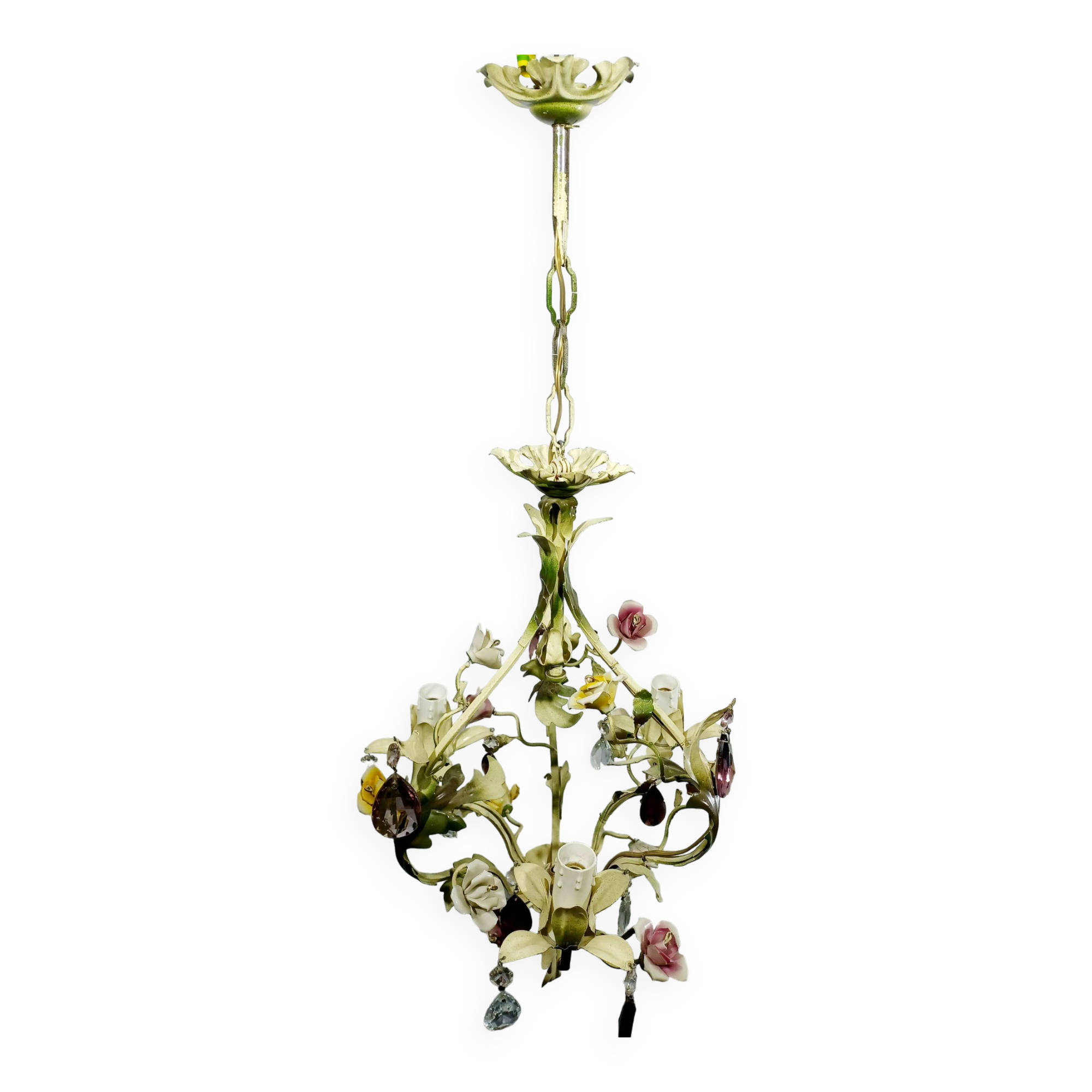 Wrought iron and porcelain chandelier