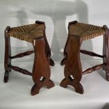 Pair of brutalist neo gothic rush oak tripod stools, France ca 1960s