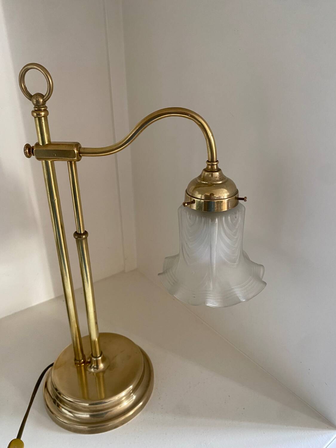 Large art deco brass lamp with swan neck and glass tulip globe