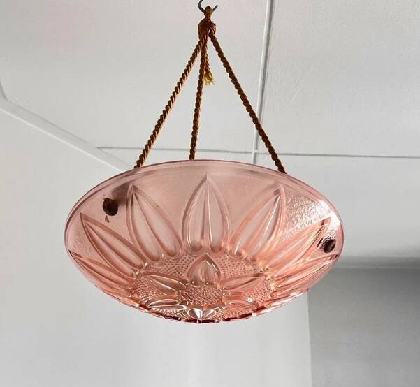 Vintage suspension Marguerite glass pink fabric cords Art Deco