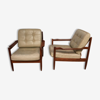Scandinavian leather and teak armchairs 60s/70s