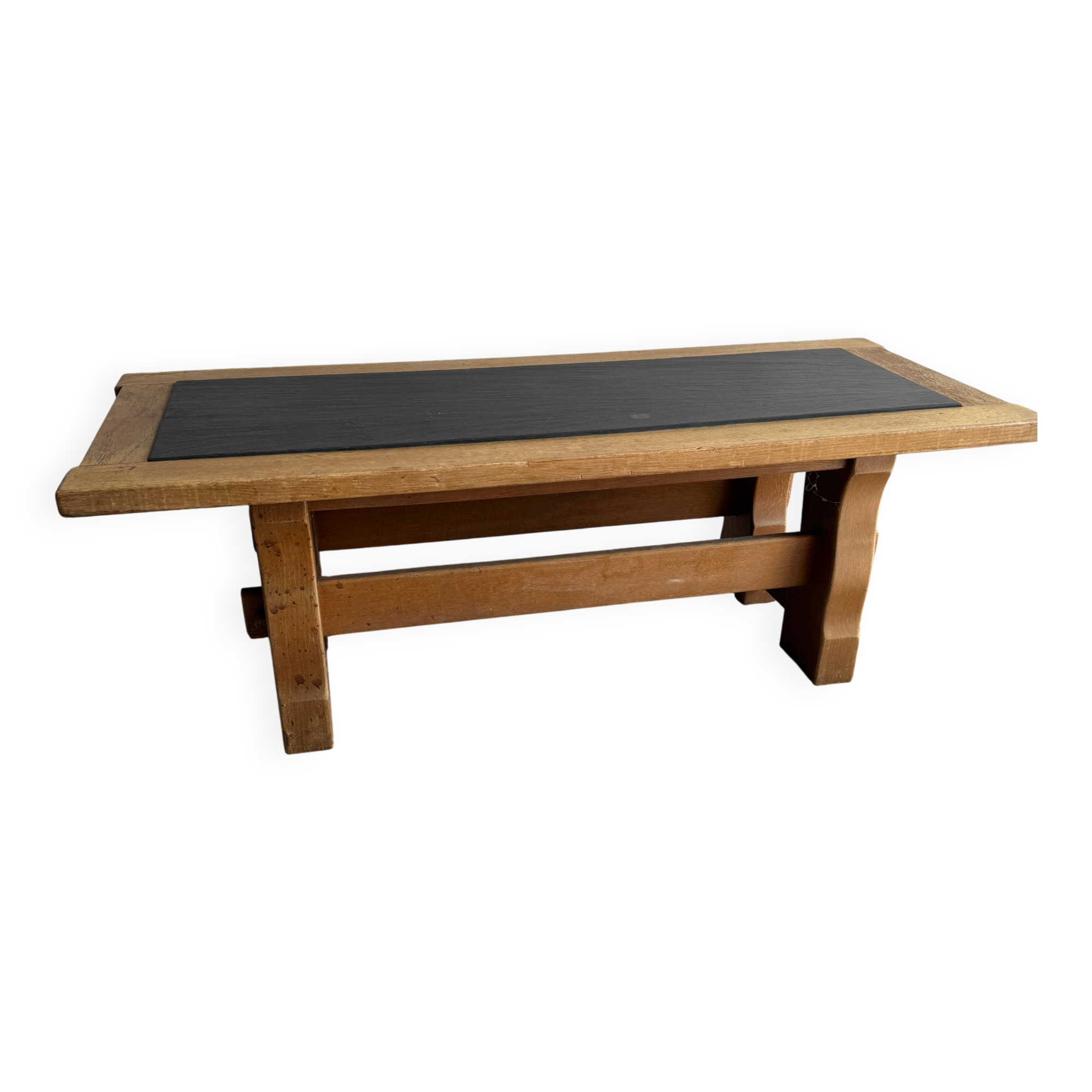 Vintage Oak Coffee Table with Belgian Blue Stone Top — Natural Oak & Dark Slate Grey, 1950s