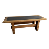 Vintage Oak Coffee Table with Belgian Blue Stone Top — Natural Oak & Dark Slate Grey, 1950s