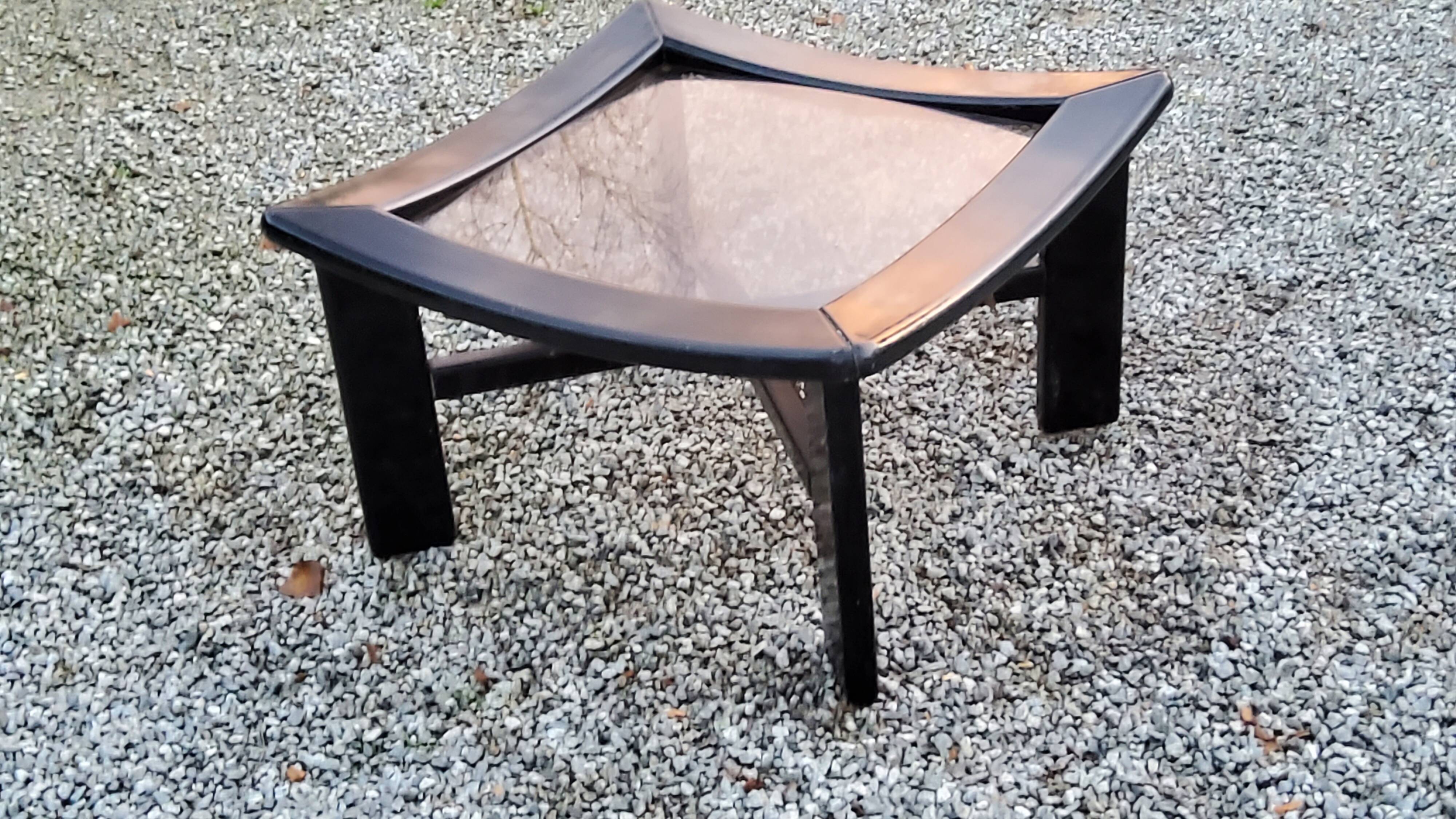 70s design coffee table in black lacquered wood with smoked glass top