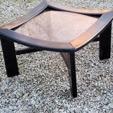 70s design coffee table in black lacquered wood with smoked glass top