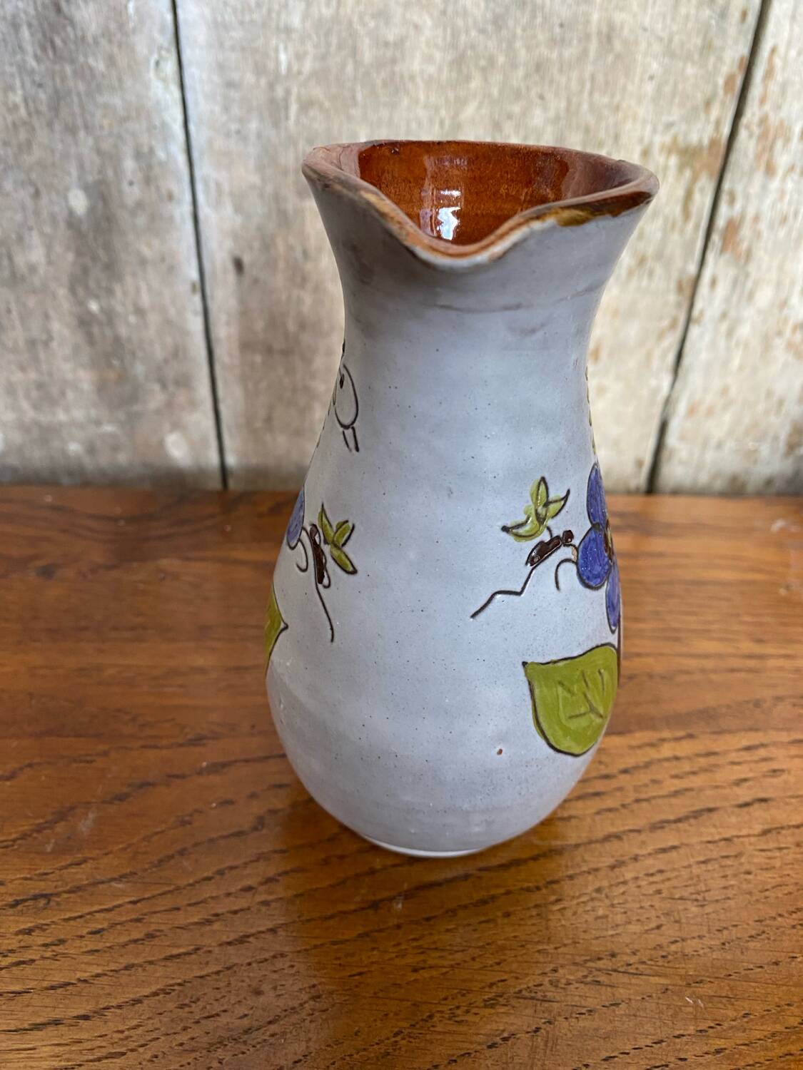 Antique grey enameled terracotta pitcher flower decor vintage kitchen