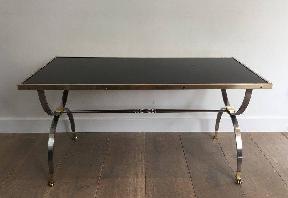 Coffee table in brushed steel and brass. Maison Jansen