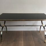 Coffee table in brushed steel and brass. Maison Jansen