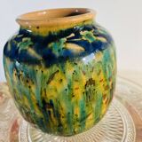 Petit vase en grès vintage dans les teintes vertes, effets craquelés