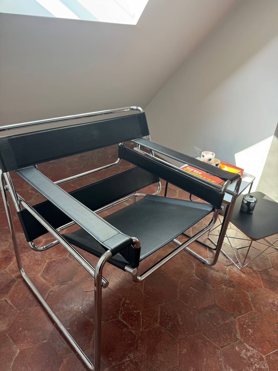Wassily designer armchair - Marcel Breuer style - black cowhide leather