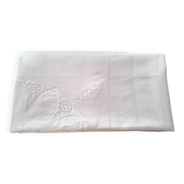 White linen tablecloth with embroidery and openwork, 1.65 x 2.40 m