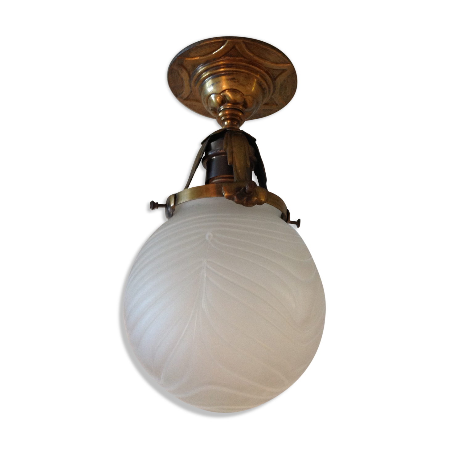 Ceiling light ball opaque glass and brass art deco style