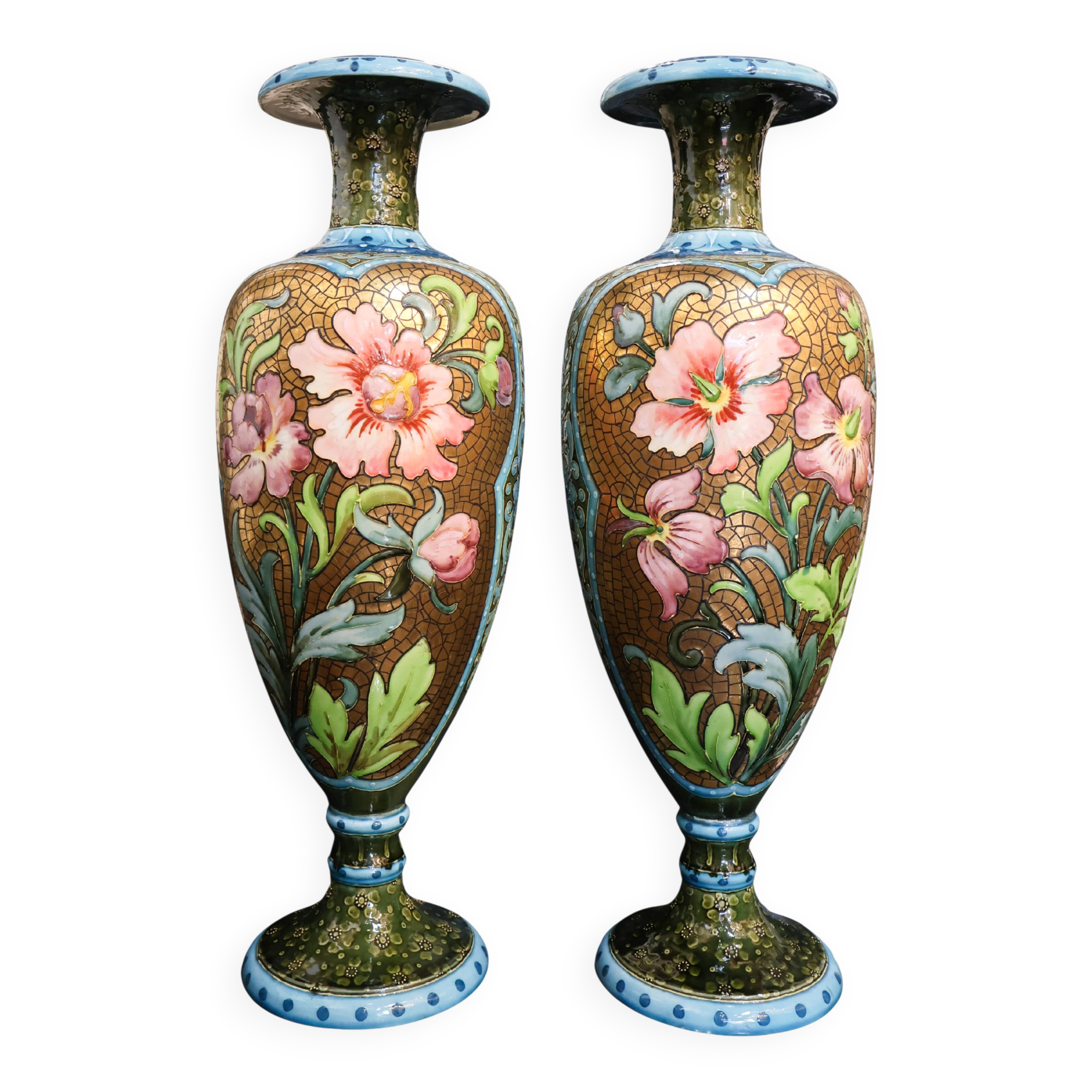 Pair of Art Nouveau vases in glazed ceramic signed Catelin