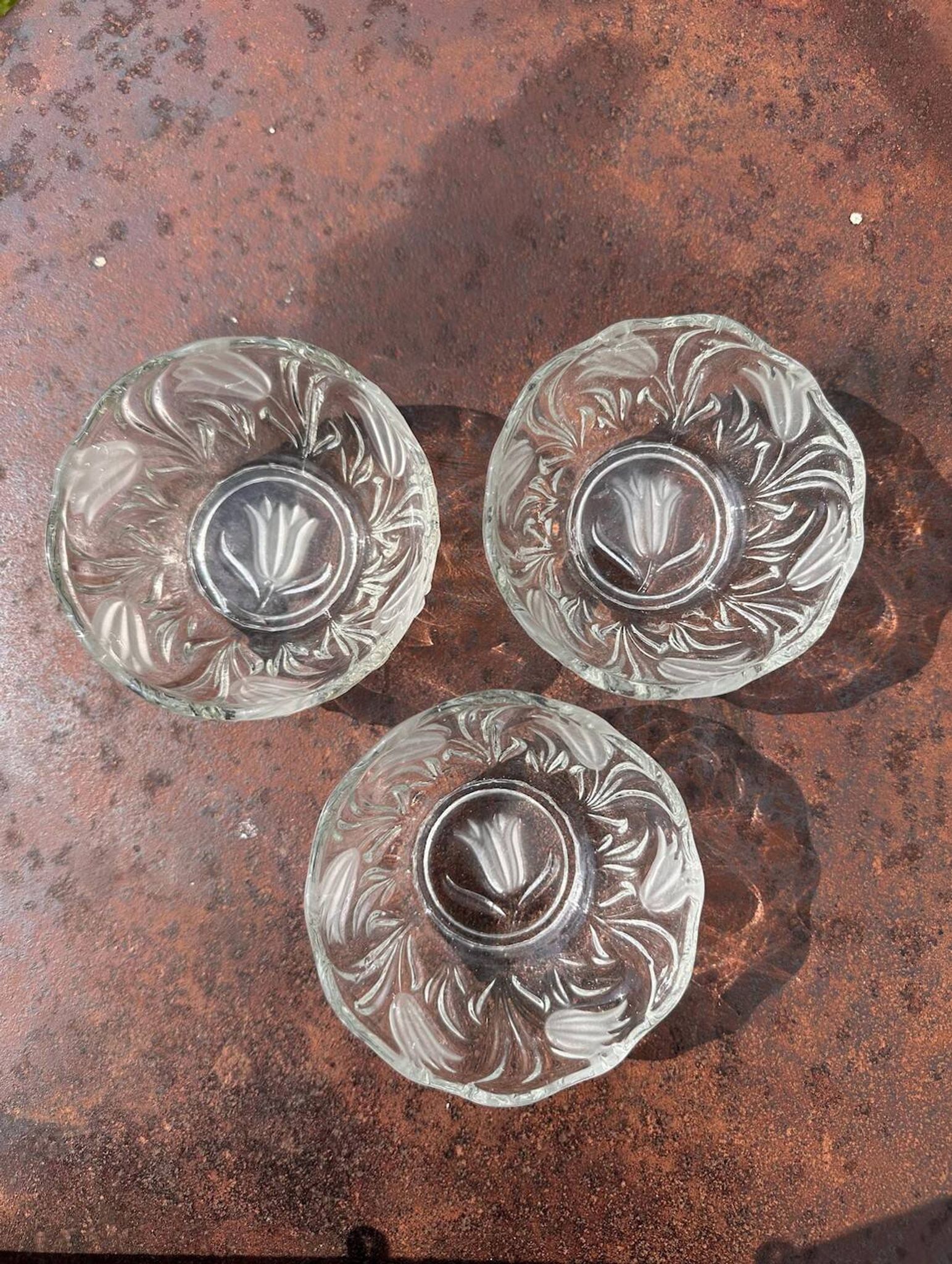 lot of 3 small pressed glass bowls with frosted tulip decoration