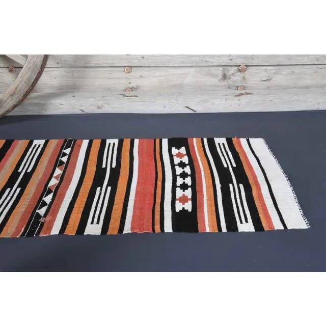 Vintage Turkish Oushak handmade wool cotton orange kilim runner rug 60x295