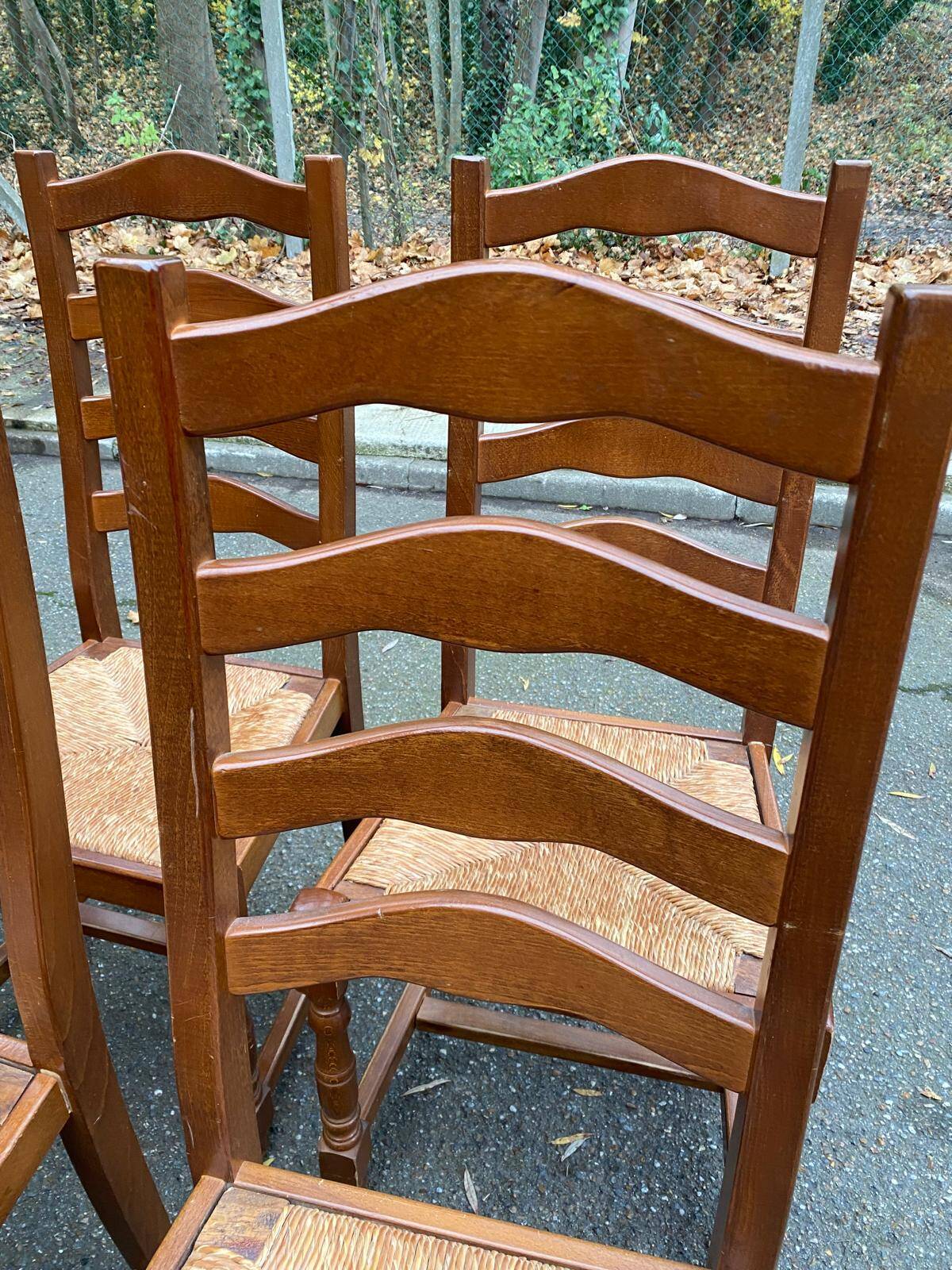6 solid oak dining chairs with straw seats, 104cm