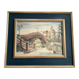 Tableau aquarelle signée avec cadre en bois doré
