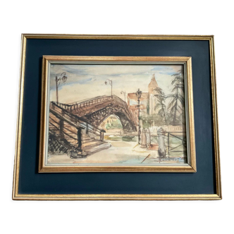 Signed watercolor painting with gilded wooden frame