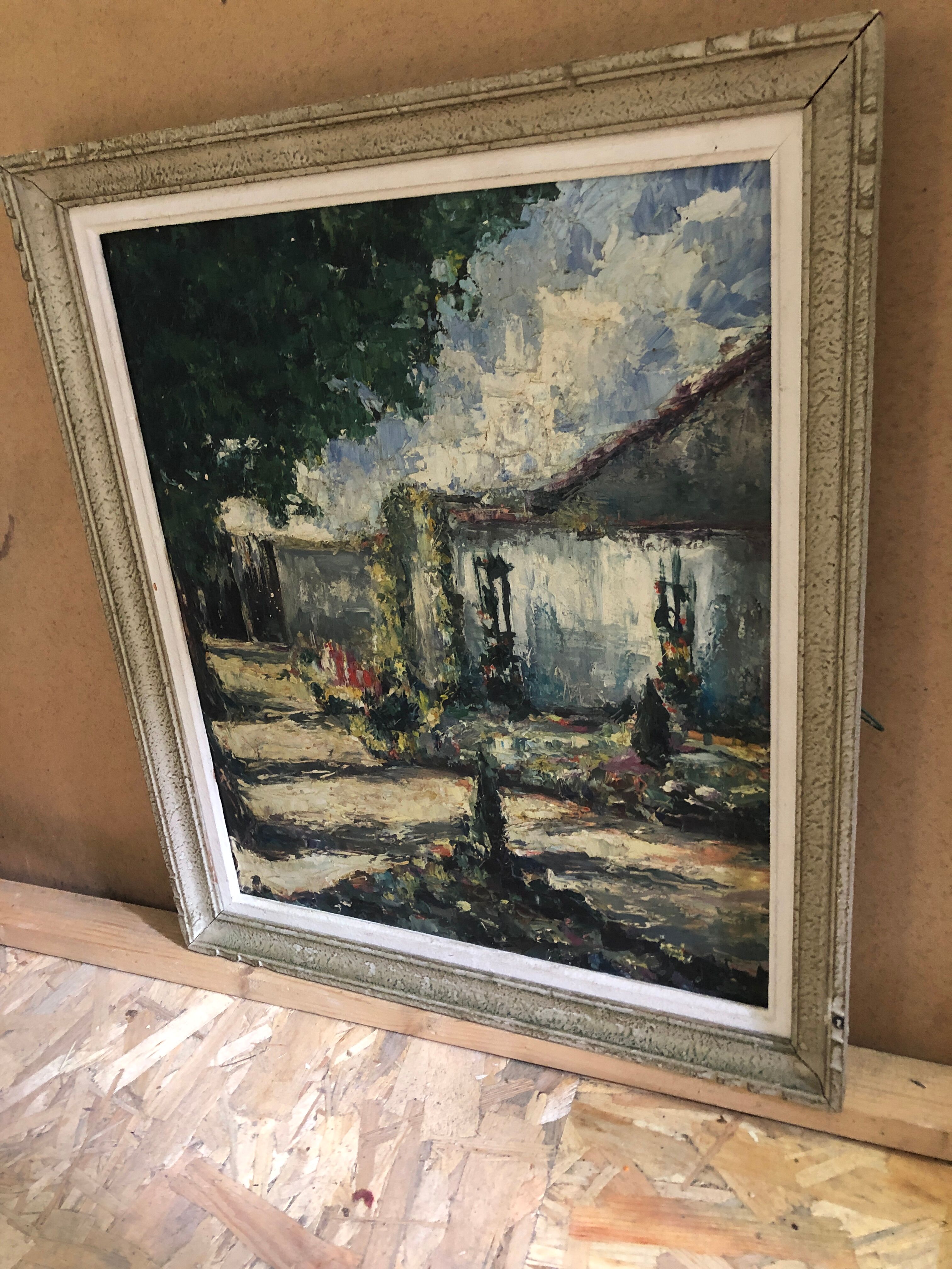 Ancien tableau huile au couteau sur panneau avec cadre bois vintage