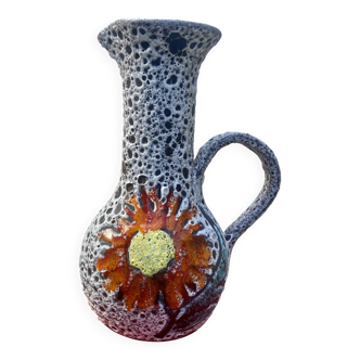 Fat Lava Sea Foam Style Vase - Vallauris Style, Red Flower Pattern