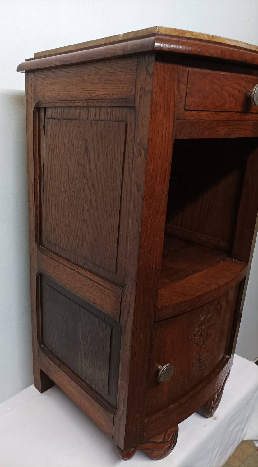 Ancienne table de nuit en bois et marbre