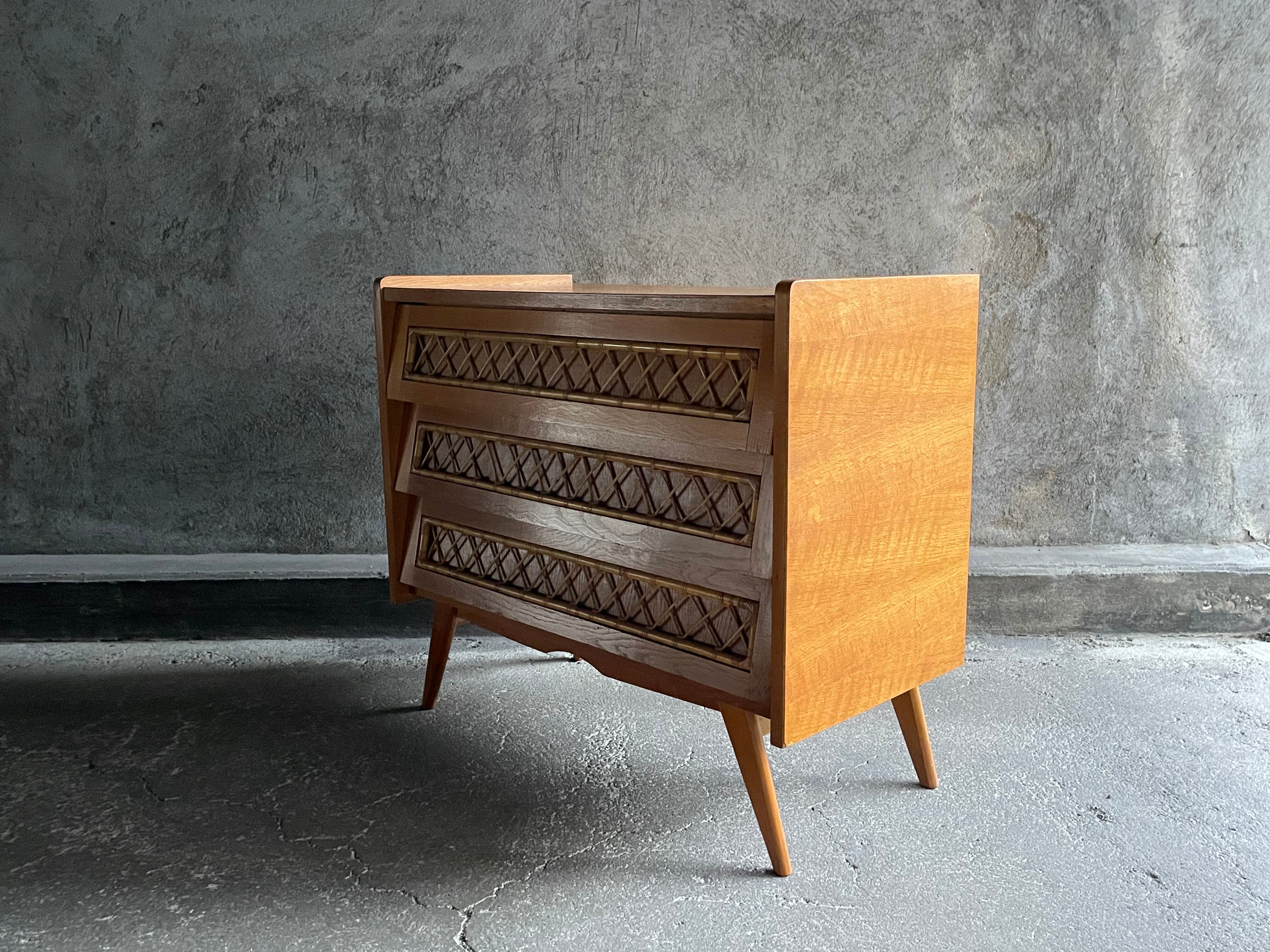 3-drawer chest of drawers with rattan decorations, France 1970s